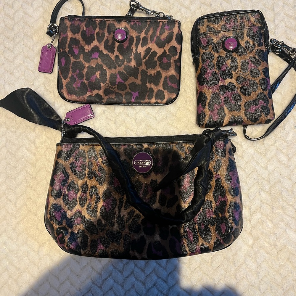 Coach Leopard purple purse handbag with is holder